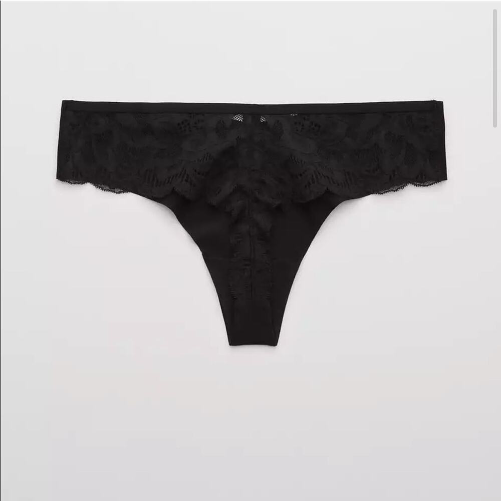 NEW NWT AERIE AEO Black Seamless No Show Sheer Lace Back Thong Panty Undies M